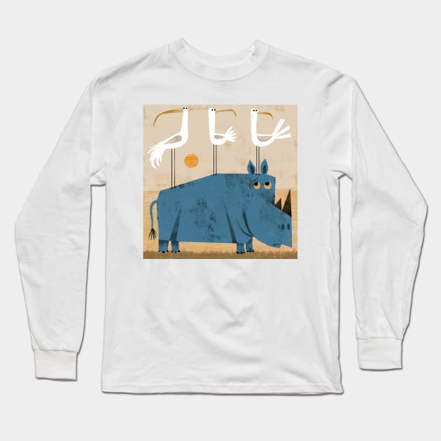 Rhino with three birds Long Sleeve T-Shirt by Gareth Lucas